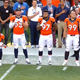 Denver Broncos linebacker Brandon Marshall kneels for the anthem during the NFL season opener Thursday night. (Screenshot: NBC)